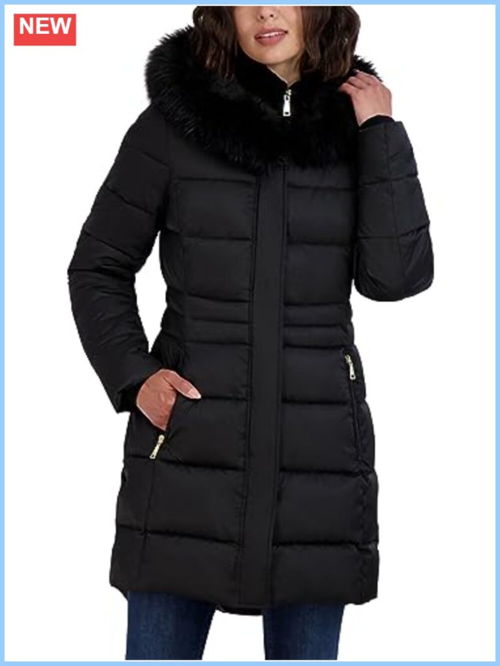 Quilted Puffer Coat Faux Fur Hood Faux Fur Collar Mid-Length Winter Jacket